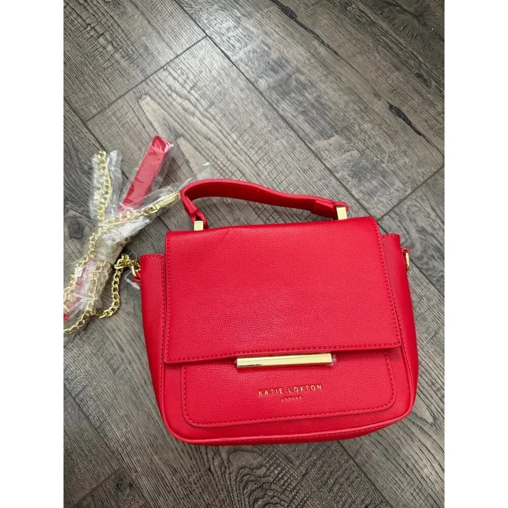 Katie Loxton Alyce Crossbody Bag Bright Red Pebbled Leather Chain Strap